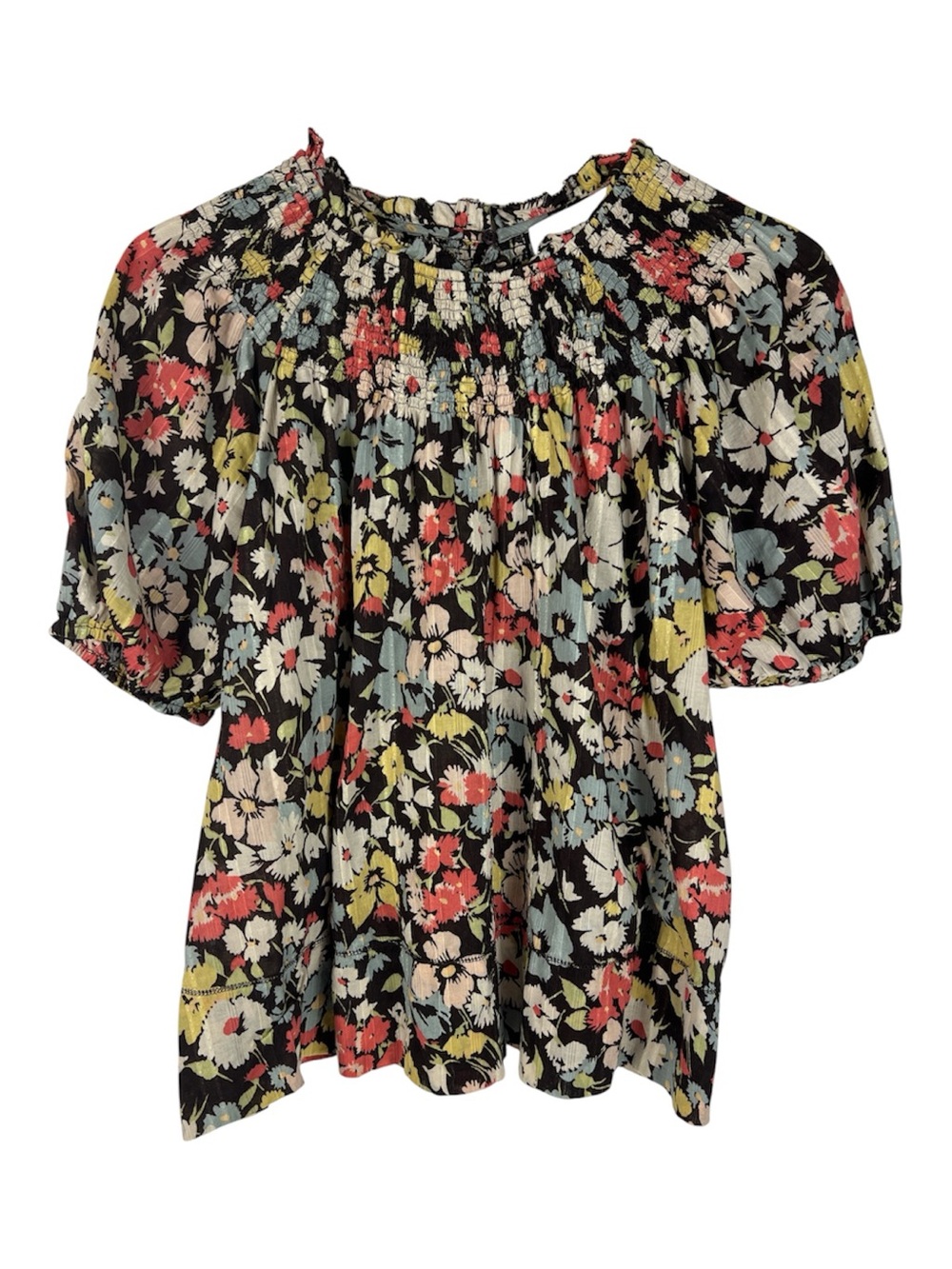 The Great. Sz 2 Blouse Floral Print Smocked Neck Puff Sleeves Brown